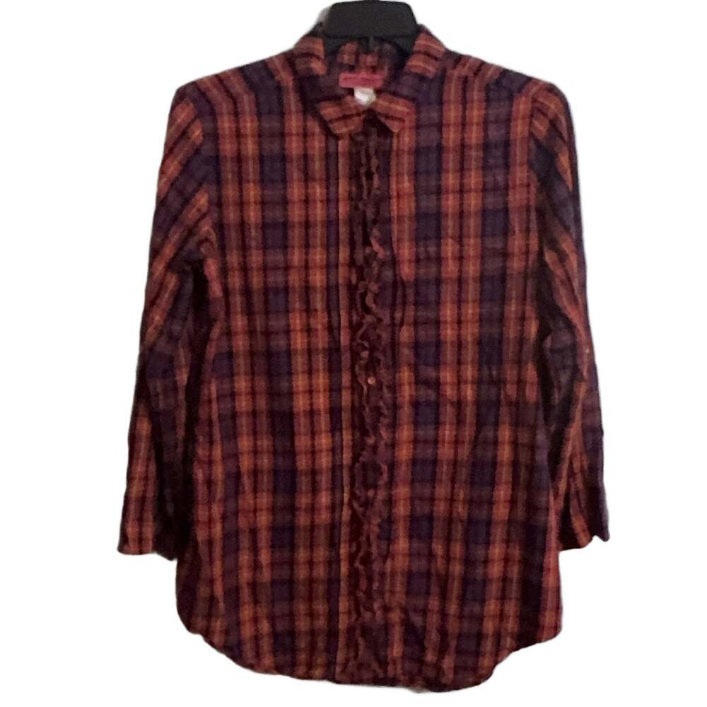 Betsey Johnson Intimates Plaid Long Sleeve Button Knit Shirt Size L Flannel Warm